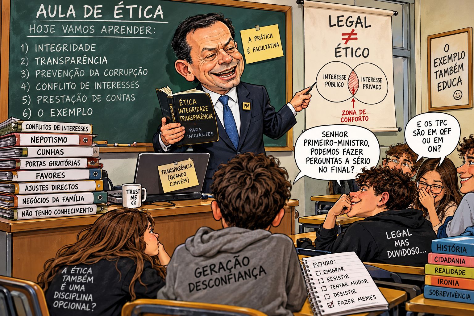 Montenegro numa sala de aula a falar de ética
